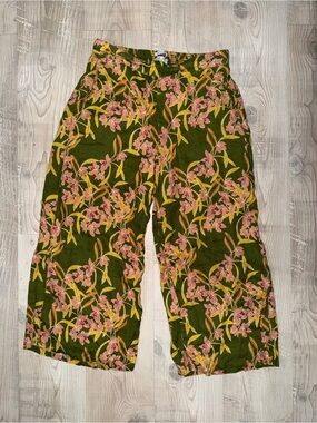 RACHEL ZOE Olive Green Floral Wide-Leg Linen Pants, Size Large